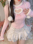 Różowy sweter Kawaii-Lolita z designem serca i obszyciem futrzanym