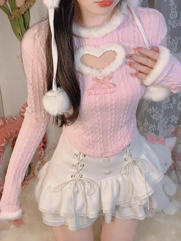 Różowy sweter Kawaii-Lolita z designem serca i obszyciem futrzanym