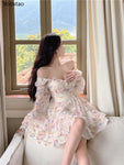 Korean style Summer Sweet V-Neck Floral Chiffon Dress Women Elegant Long Sleeve Ruffles