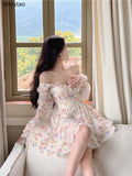 Korean style Summer Sweet V-Neck Floral Chiffon Dress Women Elegant Long Sleeve Ruffles