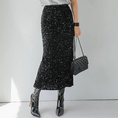 Modny midi spódnica z błyszczącego aksamitu w stylu E-Girl