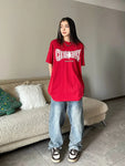 Czerwony zbyt duży vintage'owy T-shirt z gwiazdą Kpop Streetwear