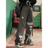 Gotyckie jeansy o szerokich nogawkach z nadrukiem Y2K streetwear dla kobiet
