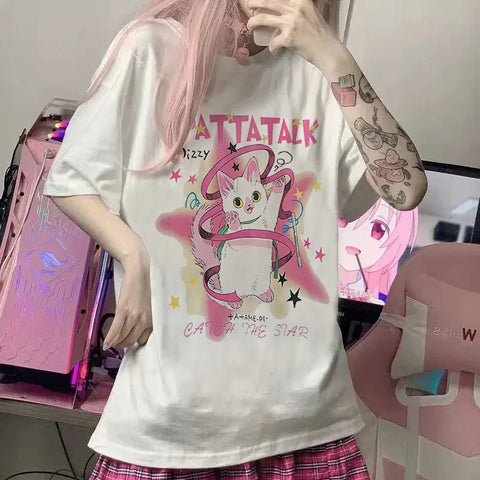 Różowy T-shirt E-girl z nadrukiem kota