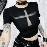 Czarny gotycki T-shirt z wycięciem w kształcie krzyża i odsłoniętym tyłem