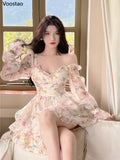 Korean style Summer Sweet V-Neck Floral Chiffon Dress Women Elegant Long Sleeve Ruffles