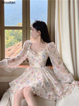 Korean style Summer Sweet V-Neck Floral Chiffon Dress Women Elegant Long Sleeve Ruffles