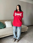 Czerwony zbyt duży vintage'owy T-shirt z gwiazdą Kpop Streetwear