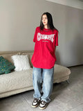 Czerwony zbyt duży vintage'owy T-shirt z gwiazdą Kpop Streetwear