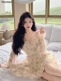 Korean style Summer Sweet V-Neck Floral Chiffon Dress Women Elegant Long Sleeve Ruffles