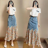 Soft-Girl Sukienka Jeansowa Maxi z Zamkiem Błyskawicznym w Patchworku