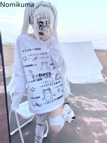 Japoński Styl Biała Koszulka z Długim Rękawem z Uroczymi Nadrukami dla Kobiet