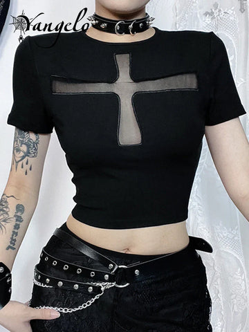 Czarny gotycki T-shirt z wycięciem w kształcie krzyża i odsłoniętym tyłem