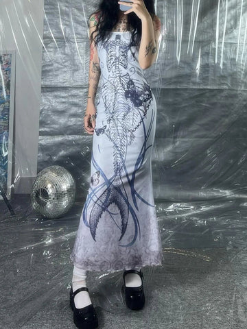 Gotycka sukienka Y2K z nadrukiem szkieletu i detalami sznurowania