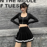 Czarna Falbana Mini Spódnica japońska w czarno-białe pasy