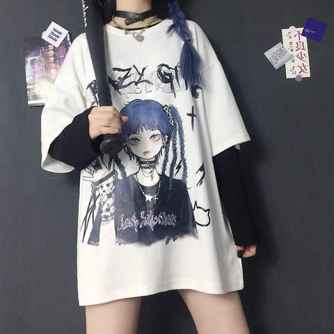 T-shirt e girl z drukiem manga Gothic dziewczyna