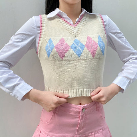 Sweter z wzorem karo w kształcie litery V z miękkiego materiału dla dziewczynki