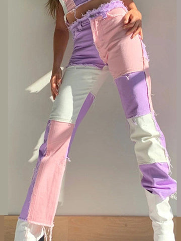 Look Patchwork lila i różowy styl jeansów Wygląd Soft-Girl
