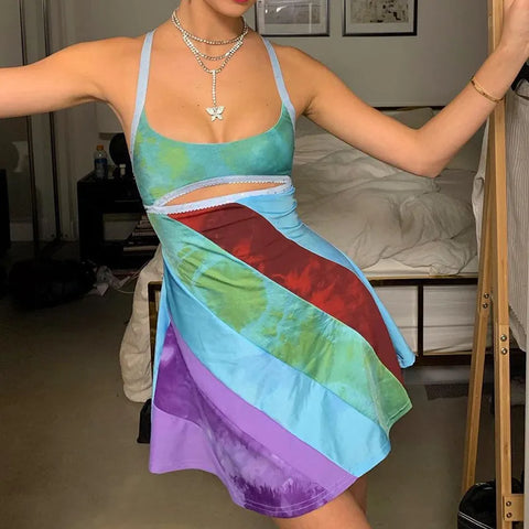 Kolorowa mini sukienka Y2K na ramiączkach