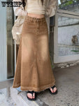 Długa spódnica w kolorze brązowym o wysokim stanie w stylu Fairy-Grunge