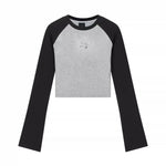 Crop Top Y2k Vintage czarno-szary Bluza z Polaru z Długim Rękawem