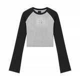 Crop Top Y2k Vintage czarno-szary Bluza z Polaru z Długim Rękawem