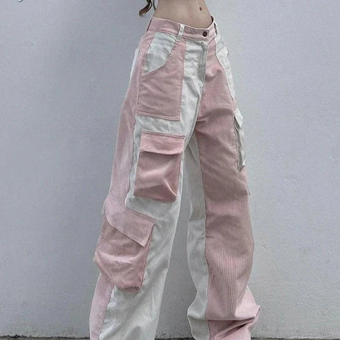 Damskie spodnie cargo w stylu soft girl z kontrastowym designem