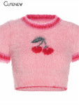 Krótka Bluza Soft girl Dekolt Okrągły Krótkie Rękawy Różowy