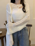 Biały Sweter Top Soft-Girl Lekko O-Krzyży Długi Rękaw