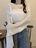 Biały Sweter Top Soft-Girl Lekko O-Krzyży Długi Rękaw