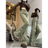 Zielonkawe jeansy Y2K Micro-Flare z detalami sznurowania dla kobiet