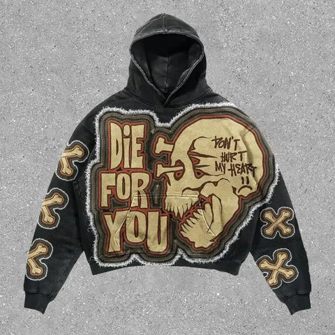 Oversizowy hoodie Y2K z motywem czaszki w stylu grunge