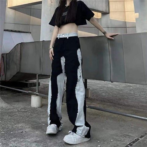 E-girl jeansy czarno-biały patchwork