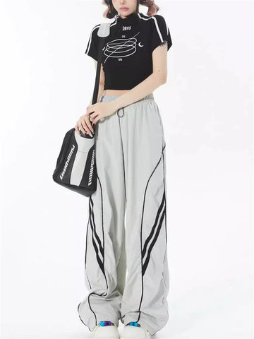Szara dresowa spodnie dla E-Girl w stylu Y2K z paskami