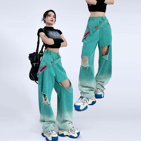 Vintage Gebrochene Y2K Baggy Jeans dla Kobiet w Kolorze Zielonym