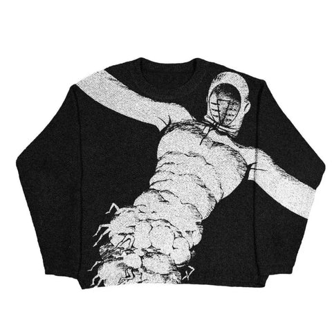 Oversizowy Sweter na Drutach w Stylu Grunge z Motywem
