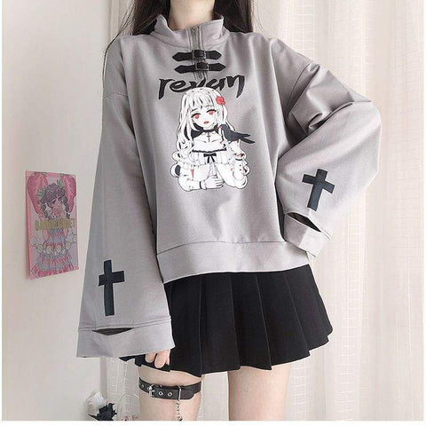 Sweter z dekoltem E-Girl w kolorze szarym z drukiem anime.