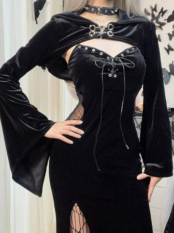Długa sukienka grunge z czarnego aksamitu