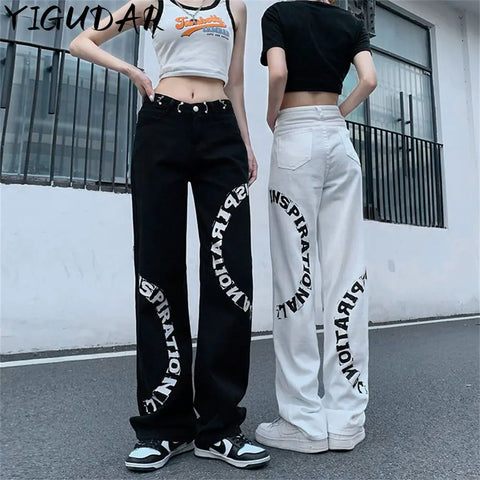Dżinsy streetwear Y2K z inspirującym nadrukiem w kolorze czarnym i białym