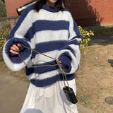 Sweter w paski w stylu koreańskim z okrągłym dekoltem i długim rękawem