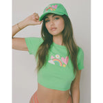 Zielony crop top soft-girl z nadrukiem tęczy i serduszek