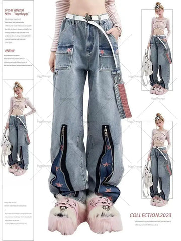 Jeansy z wysokim stanem Y2k w luźnym stylu z gwiazdami