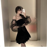 Czarna Retro Sukienka Kobiet Koronka Moda Koreańska