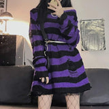 Sweter z dzianiny w czarno-fioletowe paski w stylu grunge