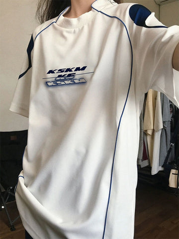 Y2K 2000er koszulki koreańskie w dużych rozmiarach w białym i niebieskim kolorze