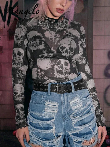 Przezroczysty koszulka z gotycką czaszką w stylu Y2K dla kobiet