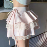 Kawaii Soft-girl różowa falbana Mini-Spódniczka dla kobiet