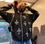 Kaptur Bluza z Zipperem Goth Y2K Krzyż Brokat Drukowanie