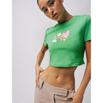 Zielony crop top soft-girl z nadrukiem tęczy i serduszek