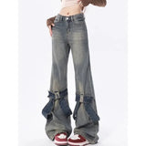 Y2K Vintage Jeans z łatkami w kształcie kokard i dzwonami